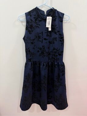 Aqua Navy and Black Floral Velvet Fit & Flare Dress Size Large